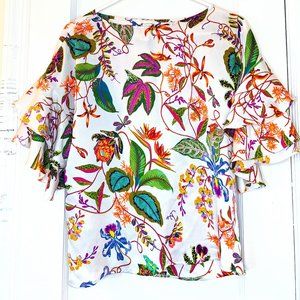 H&M Tropical Orchids and Frogs Cropped Dolman Ruffle Sleeve Blouse